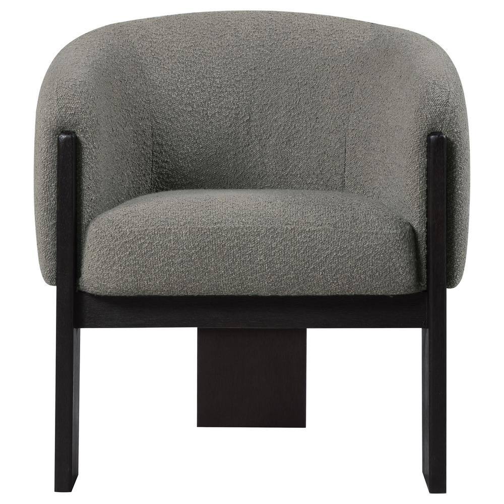 Front view of a grey bouclé fabric accent chair with black wooden legs.
