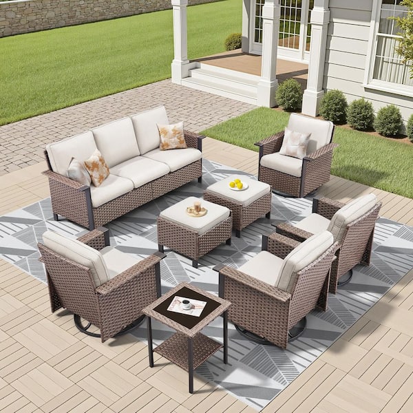 8-Piece Wicker Patio Conversation Sets with Rocking Glider Chairs, Outdoor Couch Seating Set with Beige Cushions
