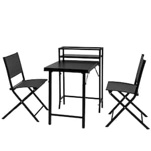 Black 3-Piece Metal Outdoor Bistro Set Patio Dining Set Foldable Table and Chair Set