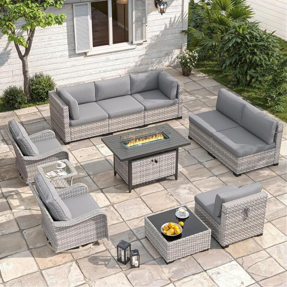 11-Piece Wicker Outdoor Patio Conversation Seating Set with Gray Cushions & 55,000 BTU Fire Pit Table price history on PriceWatchPro