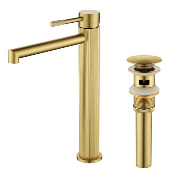 Tall Single Handle Single Hole Vessel Sink Faucet with Pop Up Drain, Vertical Stripe Design Faucet in Brushed Gold