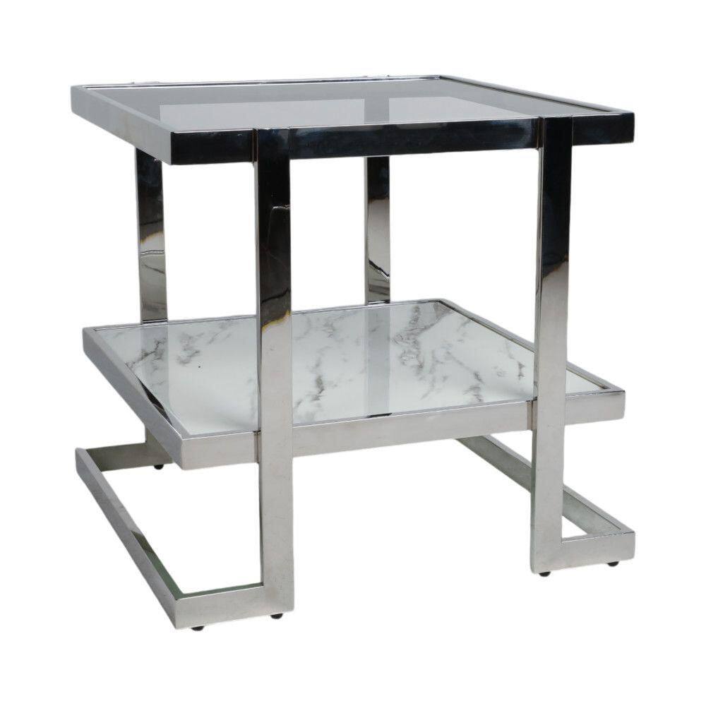 Elegant Silver & Marble Mirrored Side Table with Geometric Base