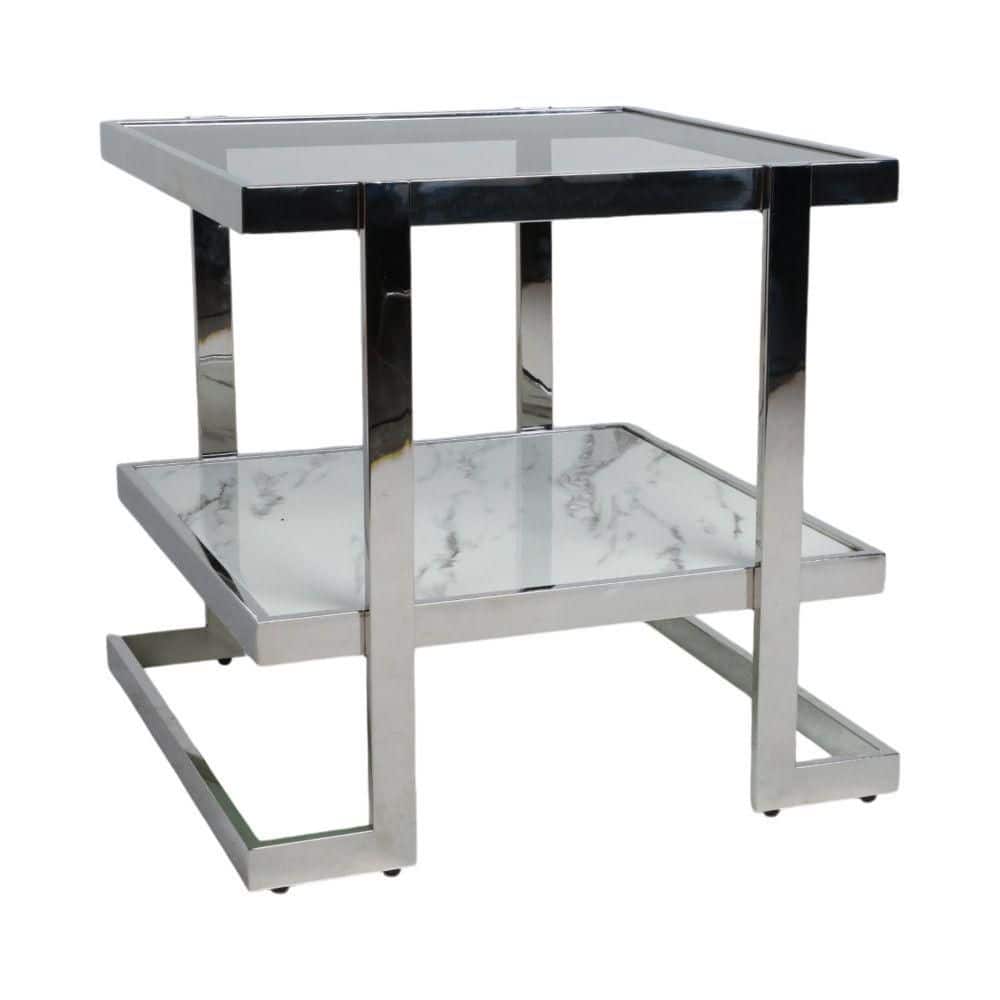 Elegant Silver & Marble Mirrored Side Table with Geometric Base