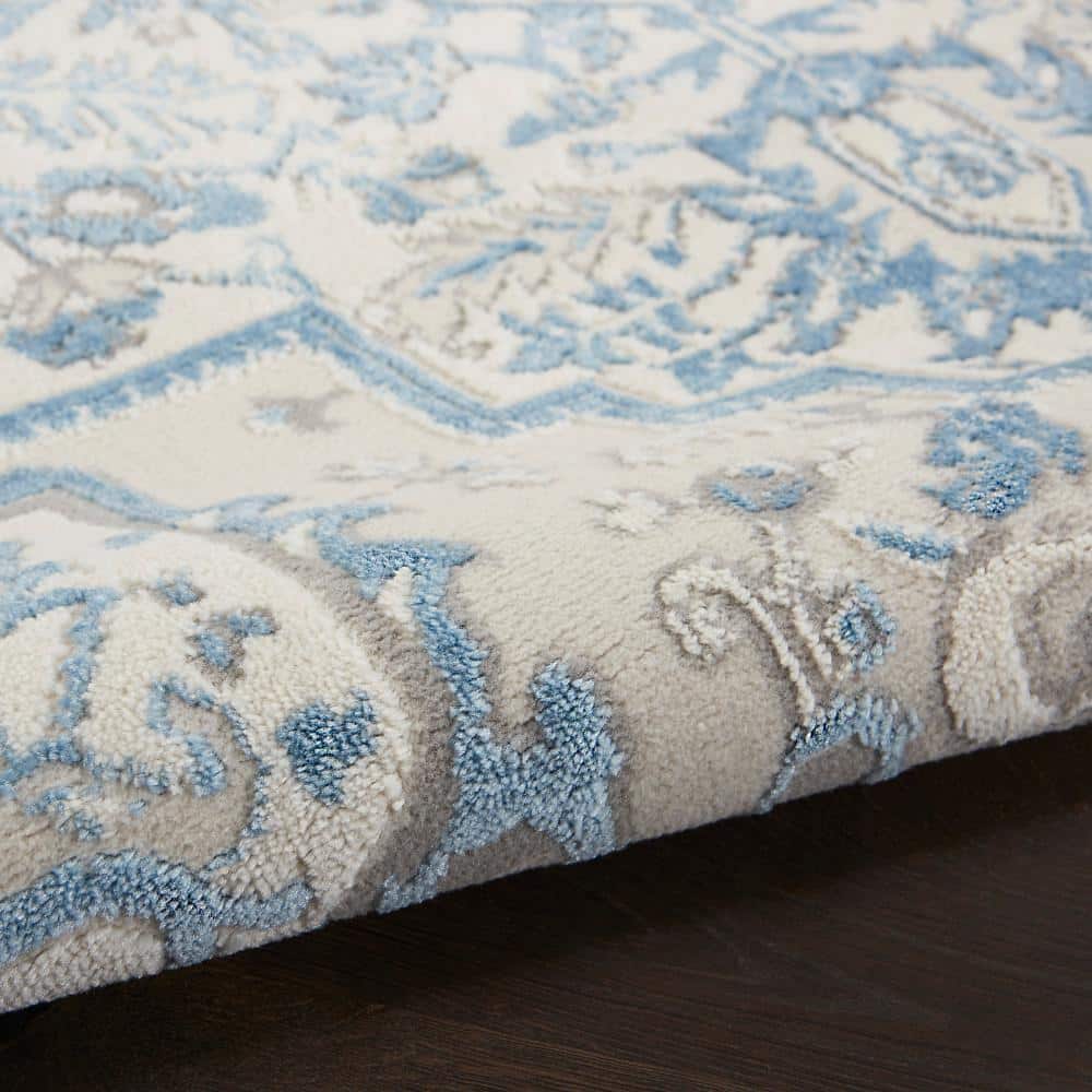 Ivory Blue Floral Medallion Handmade Area Rug 27"x4.7"