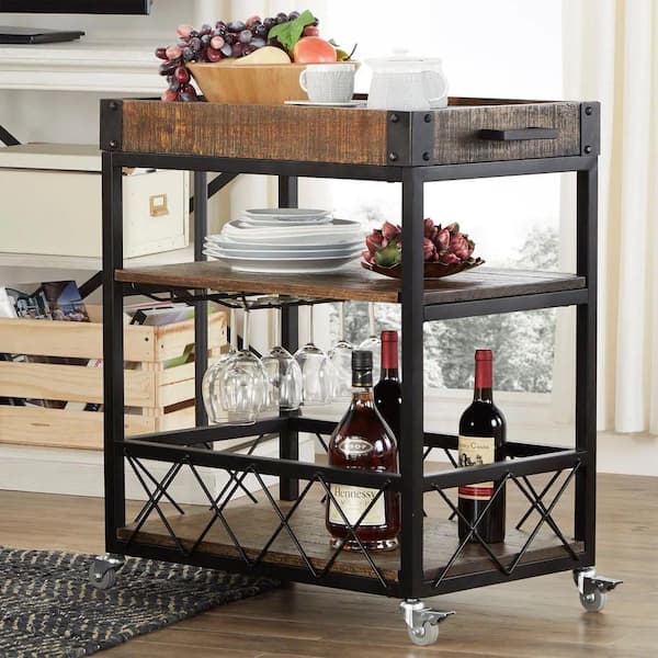 HomeSullivan Brown Rustic Serving Cart with Wine Inserts And Removable Tray Top