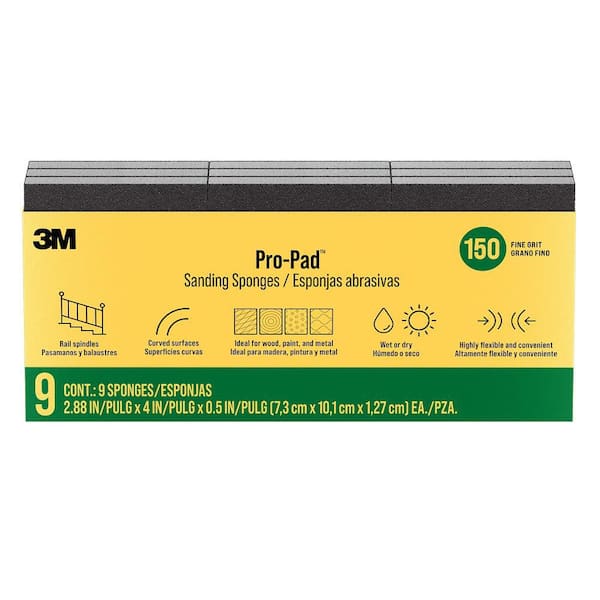 3M Pro-Pad Sanding Sponge 2.88 in. x 4 in. x.5 in. Coarse, 150 Grit (9 Pack)
