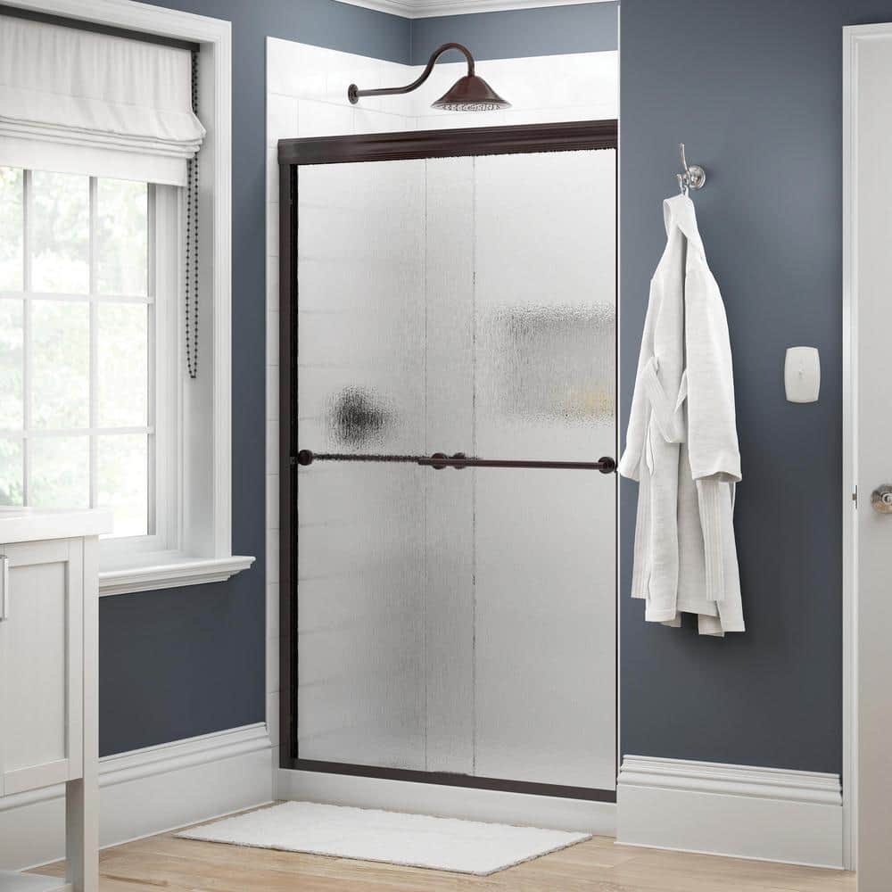 Traditional 47-3/8 in. W x 70 H in. Semi-Frameless Sliding Shower Door in Bronze with 1/4 in. Tempered Rain Glass -  Delta, 158828