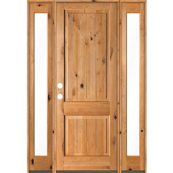 Krosswood Doors 64 in. x 96 in. Rustic Knotty Alder Square Clear Stain Wood V-Groove Right Hand Single Prehung Front Door/Full Sidelites