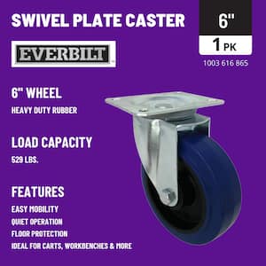 6 in. Blue Heavy-Duty Elastic Rubber and Steel Swivel Plate Caster with 529 lb. Load Rating