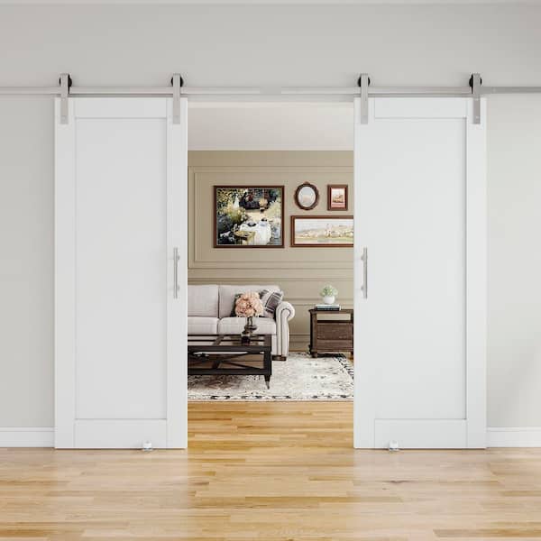 ARK DESIGN 56 in. x 80 in. White 1-Panel Blank Solid Core Composite MDF Primed Sliding Barn Door with Hardware Kit Nickel Plated