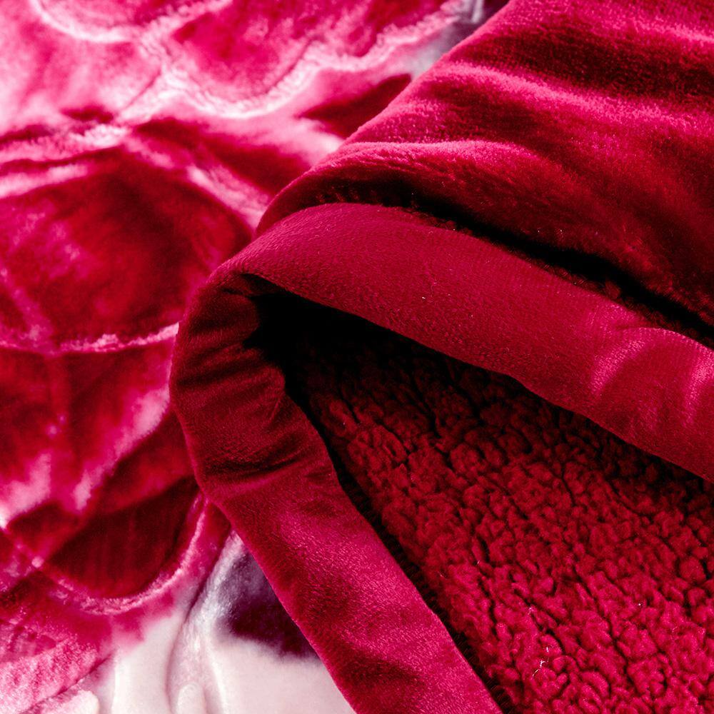 King Burgundy Floral Sherpa Fleece Reversible Blanket Set