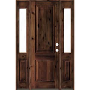 58 in. x 96 in. Rustic Knotty Alder Square Top Red Mahogany Stained Wood Left Hand Single Prehung Front Door