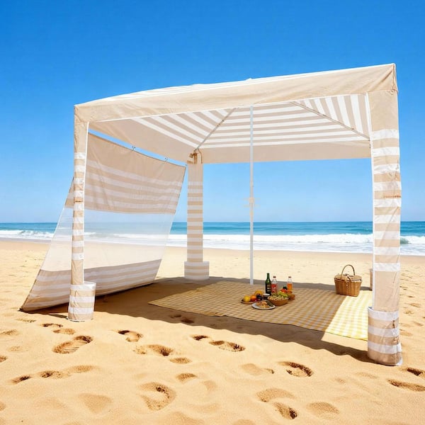 Beach Cabana, Beige Beach Canopy with Side Wall, UPF 50+ Protection Tent w/ Sand Pockets, 8 x 8 ft., 2025 update