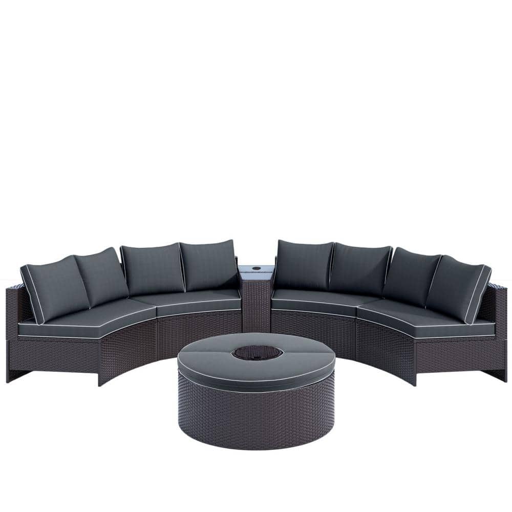 Half Round Brown 6-Piece Wicker Outdoor Sectional with Gray Cushions and 1 Multi-Functional Round Table