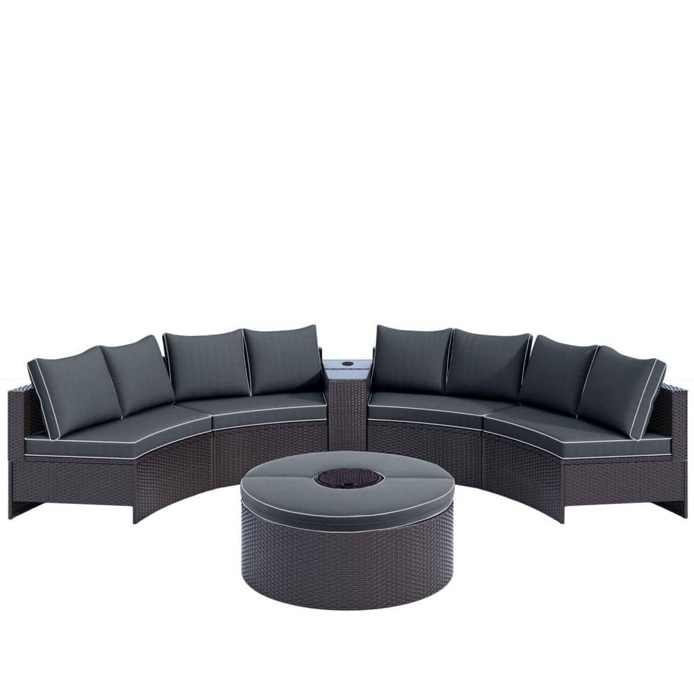 Half Round Brown 6-Piece Wicker Outdoor Sectional with Gray Cushions and 1 