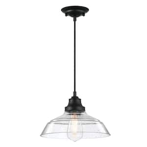 Iron Hill 1-Light Matte Black Shaded Pendant with Clear Seeded Glass