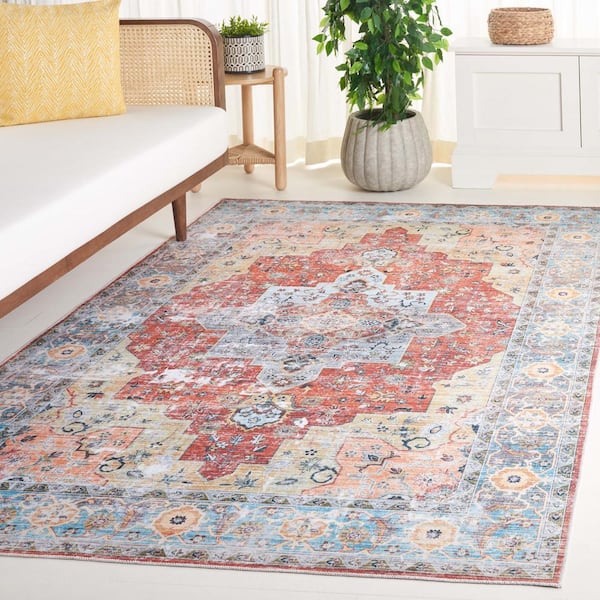 Arizona Rust/Aqua 9 ft. x 12 ft. Border Ornate Machine Washable Area Rug
