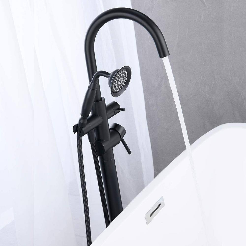 Matte Black Double Handle Freestanding Tub Filler Faucet with Hand Shower