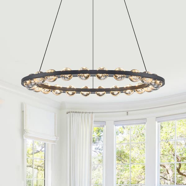 24 in. 24-Light Modern Matte Black Circle LED Pendant Light with Clear Bubble Glass Shades