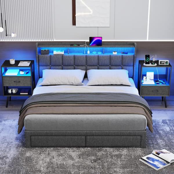 Black 2-Piece Modern Nightstand w/ Charging Station and LED Light, 1 Fabric Drawer Per Nightstand,End Table for Bedroom