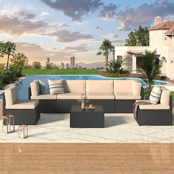 Black 7-Piece Patio PE Rattan Wicker Sofa Set Outdoor Sectional Conversation Furniture Chair Set with Beige Cushions