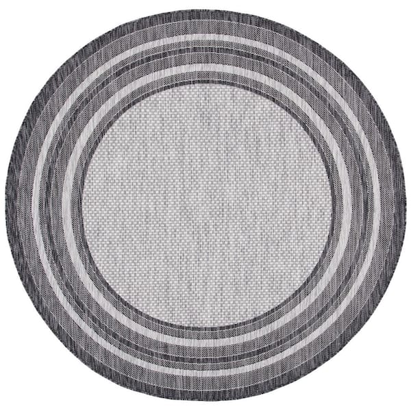 Courtyard Light Gray/Black 10 ft. x 10 ft. Solid Color Striped Indoor/Outdoor Round Area Rug