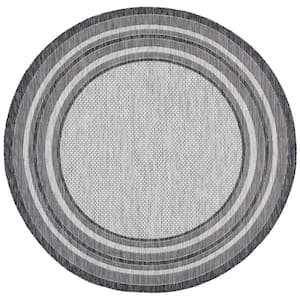 Courtyard Light Gray/Black 7 ft. x 7 ft. Solid Striped Indoor/Outdoor Patio  Round Area Rug