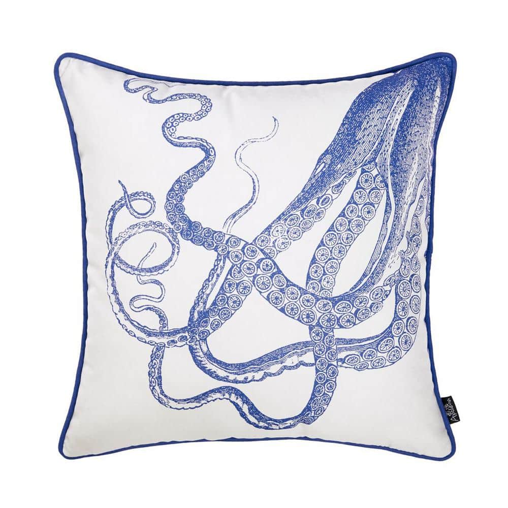 Coastal Charm White and Blue Octopus 18" Square Pillow Cover