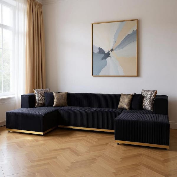 140.00 in. Track Arm 4 piece Velvet U-Shaped Sectional Sofa in. Black