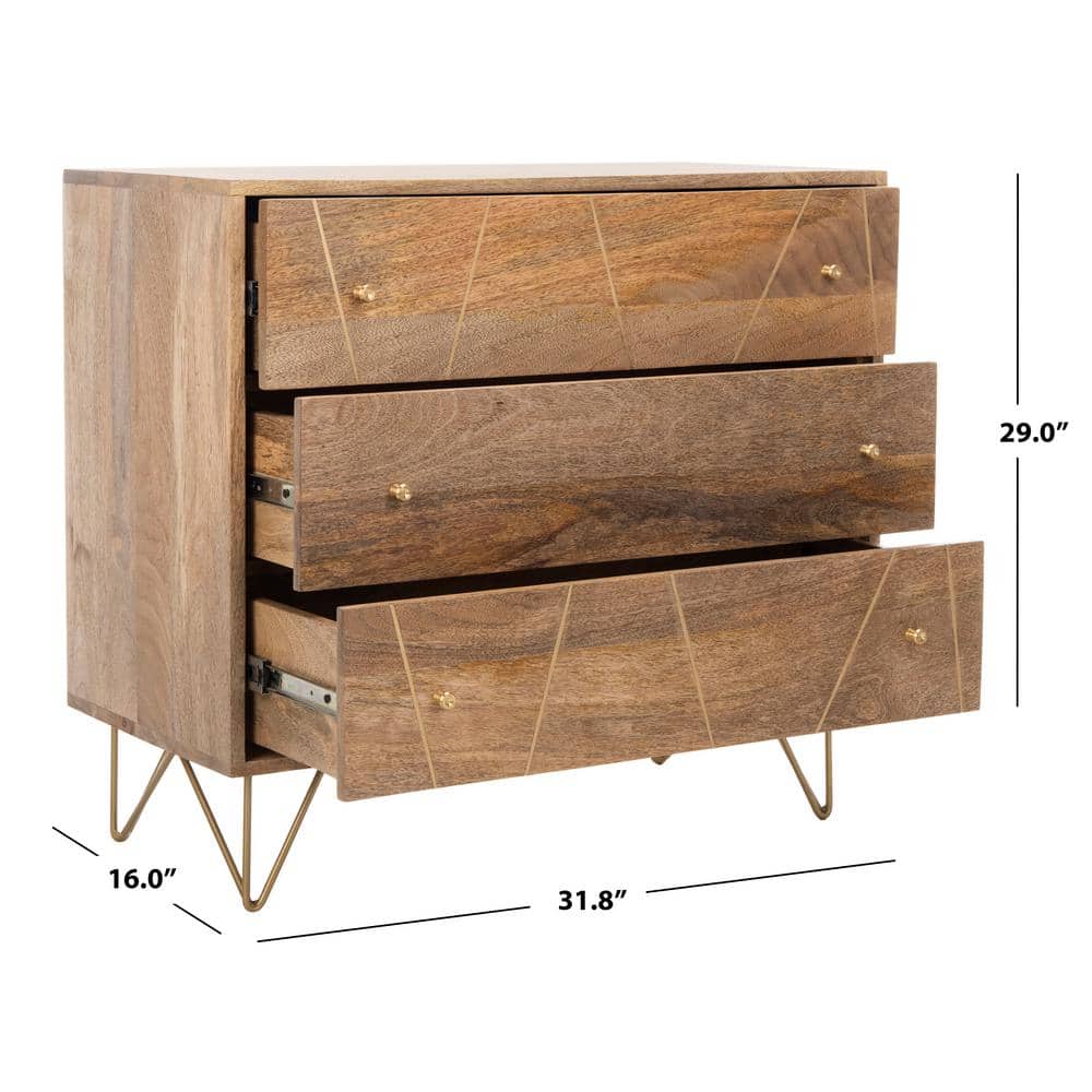 Transitional 32'' Natural Wood and Brass 3-Drawer Chest