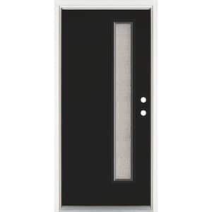36 in. x 80 in. Left-Hand Inswing Narrow Lite Water Wave Glass Black Painted Fiberglass Prehung Front Door
