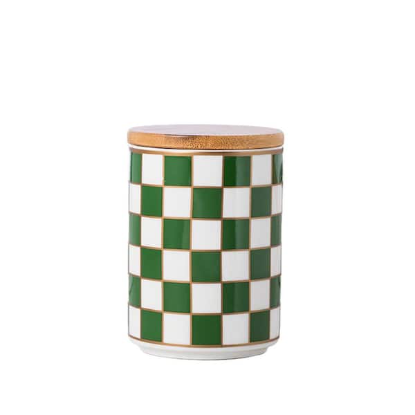 Green Ceramic Checkered Food Storage Canister with Airtight Wooden Lid, Small Decorative Kitchen Jar