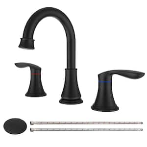 8 in. Widespread Double Handled Mid Arc Bathroom Faucet with 360° Swivel Spout and Pop Up Drain in Matte Black