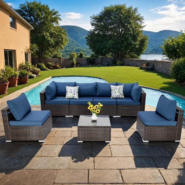Runesay Wicker Outdoor Sectional Set with Blue Cushions (7 Set)