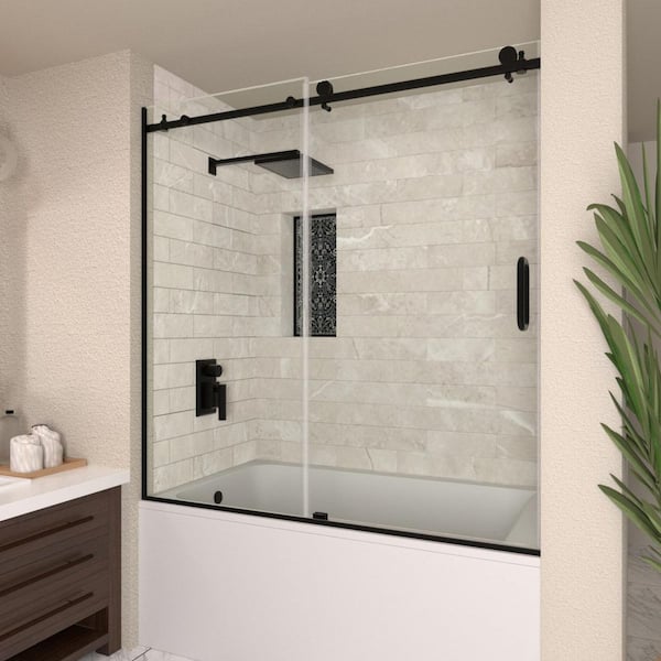 60 in. W x 60 in. H Sliding Semi Frameless Tub Door in Matte Black Finish with Clear Glass
