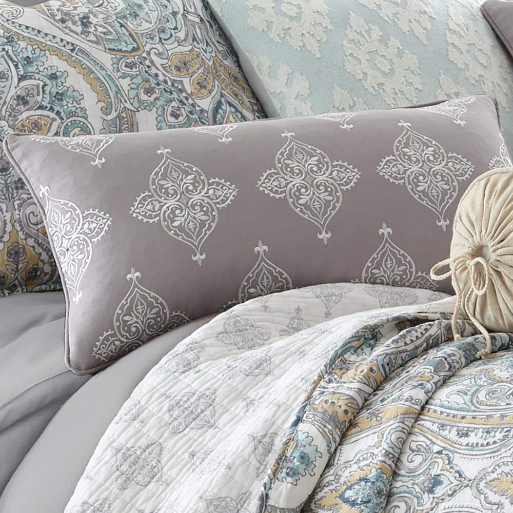Gray and Ivory Embroidered Rectangular Feather Throw Pillow