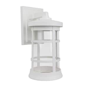 9 in. D x 15.25 in. H x 7.4 in. W 1-Light White Outdoor Round Wall Lantern Sconce with Durable Clear Acrylic Lens