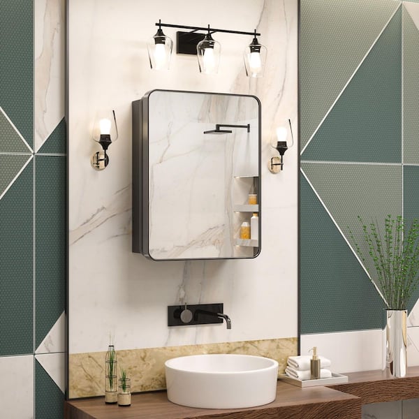 21 in. W x 27 in. H Rectangular Black Stainless Steels Framed Recessed/Surface Mount Medicine Cabinet with Mirror