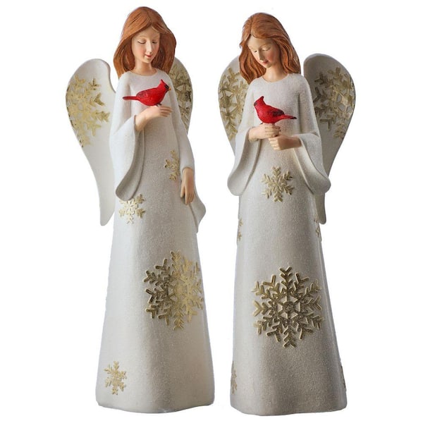 White 5 in. x 14 in. Resin Angel with Cardinal Set of 2
