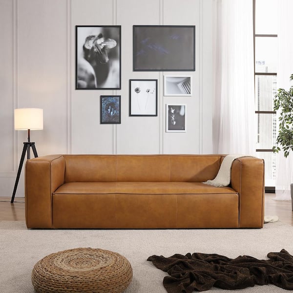 Ashcroft Furniture Co Aurora 88 in. Square Arm 3-Seater Sofa in Brown Tan