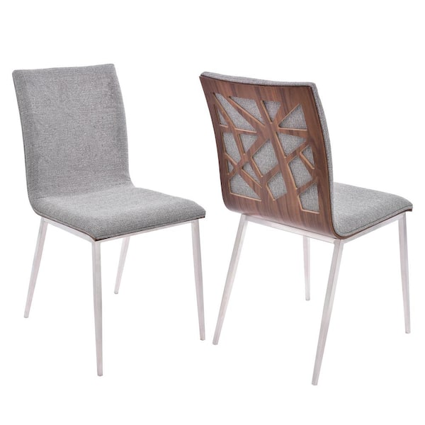 Armen Living Pharrel Dining Chair in Brushed Stainless Steel with Grey Fabric and Walnut Back (Set of 2)