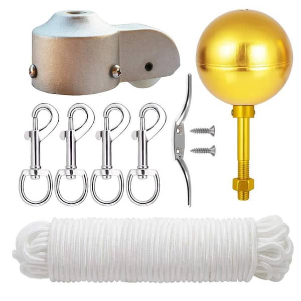 Flag Pole Hardware Parts Repair Kits with Topper Gold Ball, Halyard Rope, Cleat Hook, Cleat Hook, Flagpole Pulley Truck