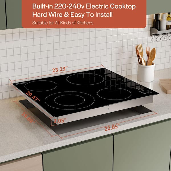 24 in. ETL-Certified 4 EGO Heating Elements Electric Radiant Cooktop, 240V 6400W, Glass Ceramic Surface, Black