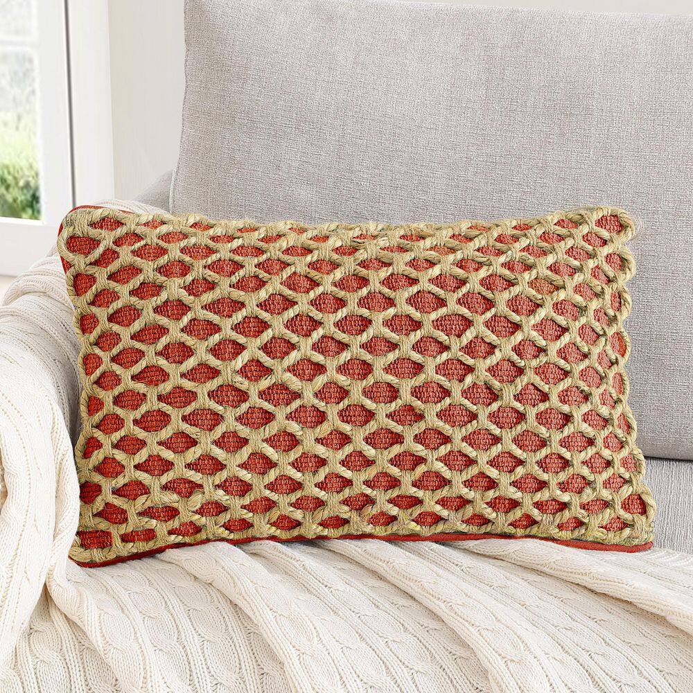 Jada Rectangular Rust Woven Cotton and Jute Pillow