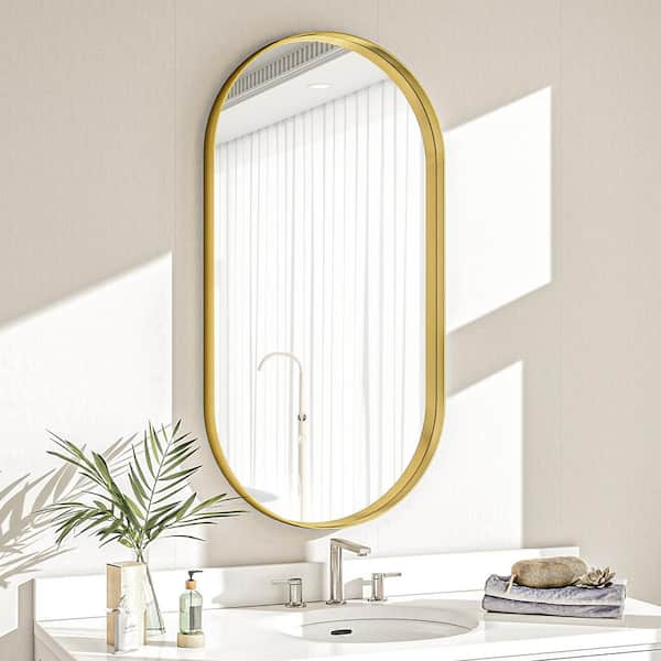 GLSLAND 22 in. W x 38 in. H Oval Gold Metal Deep Framed Wall Bathroom Vanity Mirror