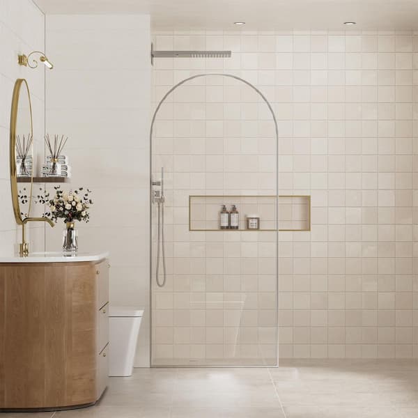 CASAINC 34in W x 78in H Framed Fixed Curved Design Shower Screen Door in Brushed Nickel Finish with 3/8 in. Clear Tempered glass