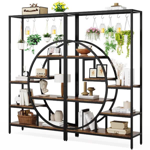 Wellston 70.87 in. Brown Black Rectangle Tall MDF and Metal Indoor Plant Stand 7-Tier Shelf and 6 S Hooks