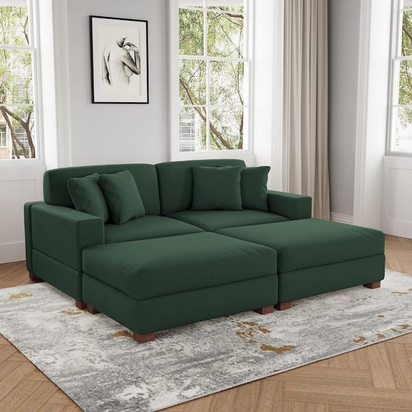 83 in. W Modern Square Arm 4-Piece Corduroy Fabric Sectional Sofa in Hunter Green with 4 Pillows