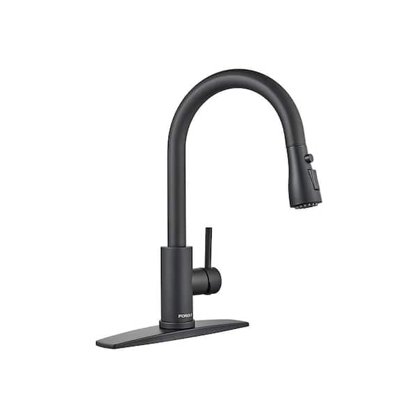 FORIOUS Single-Handle Kitchen Faucet with Pull Down Sprayer High-Arc Kitchen Sink Faucet with Deck Plate in Matte Black