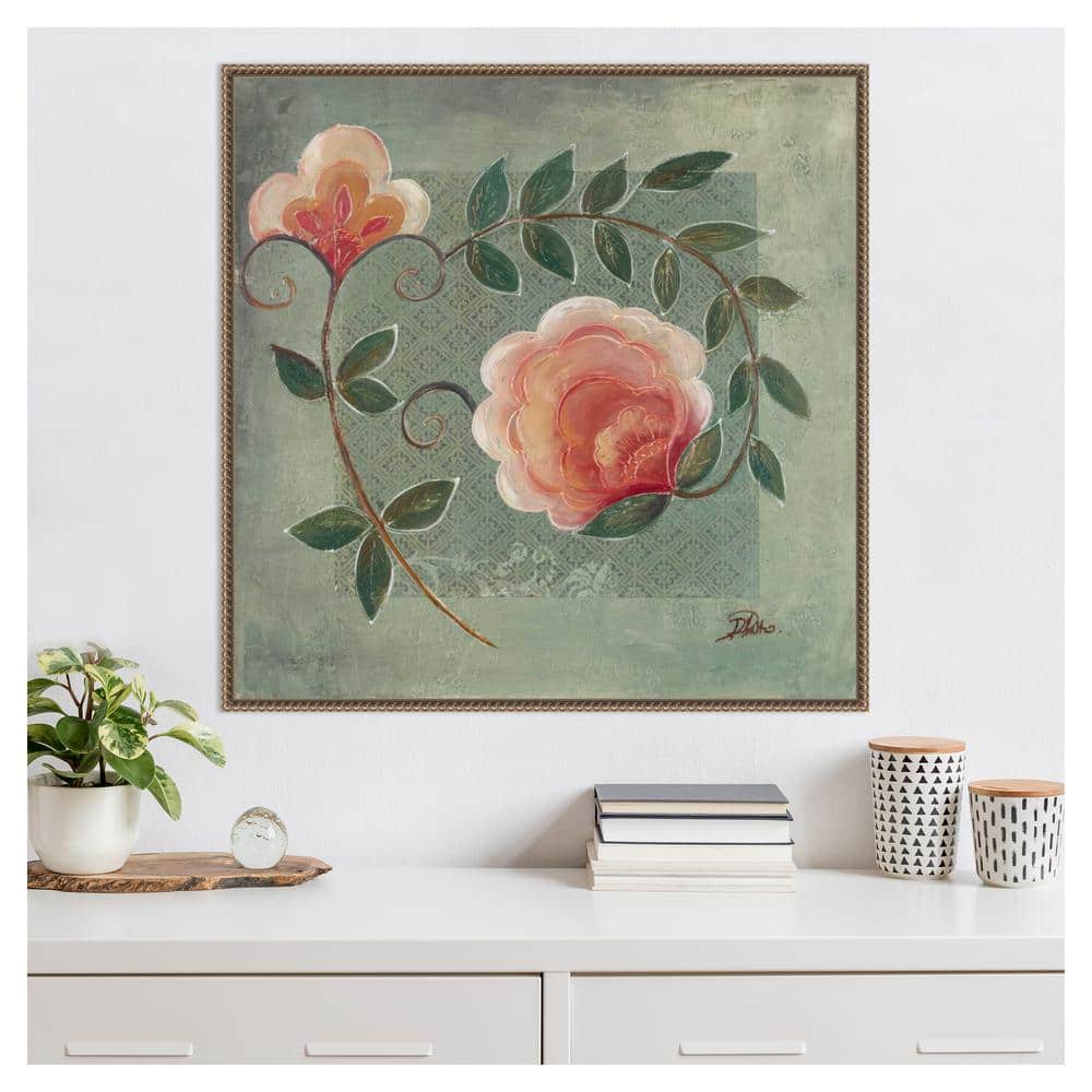 Green and Pink Beaded Framed Floral Canvas Wall Art